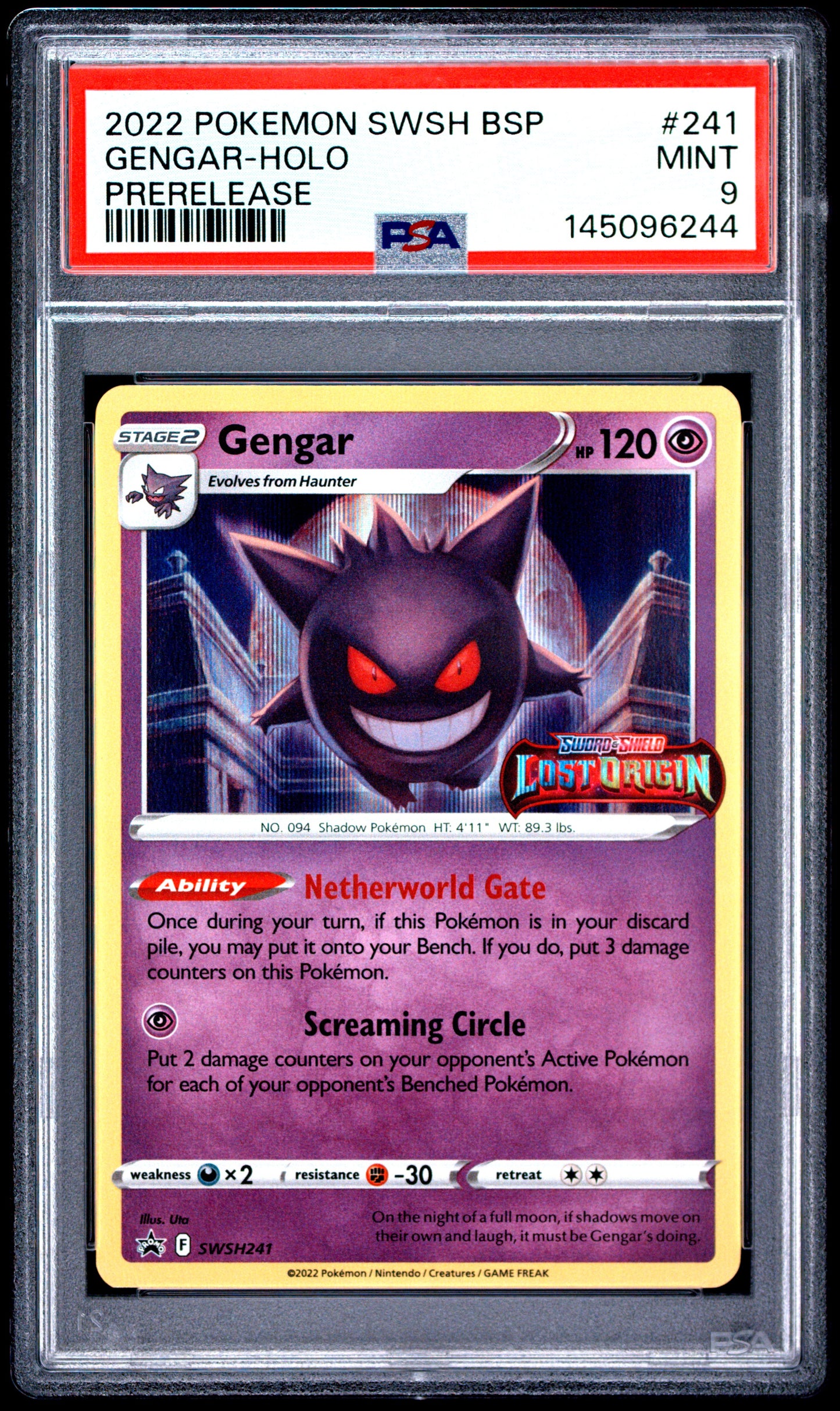 PSA 9 Gengar 2022 POKEMON SWSH BLACK STAR PROMO #241 HOLO PRERELEASE